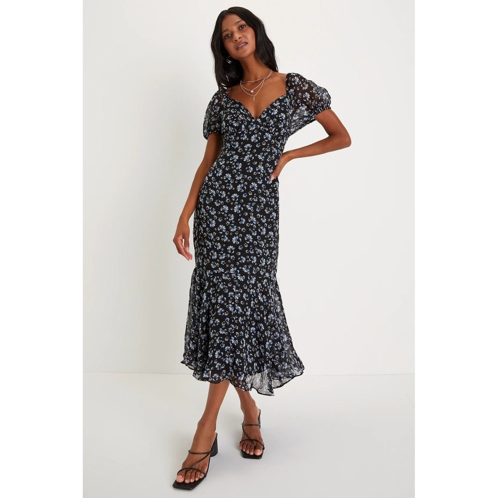 Lulus Floral Print Midi Dress V‎ Neck Puff Sleeve Trumpet Hem Black M